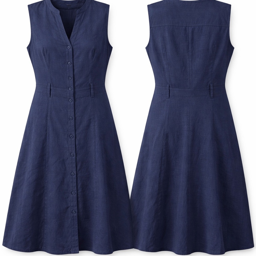 Navy Linen Button-Front Midi Dress